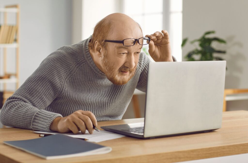 A person with myopia leans over their desk, lifts their glasses, and squints to look more closely at the screen of their laptop.