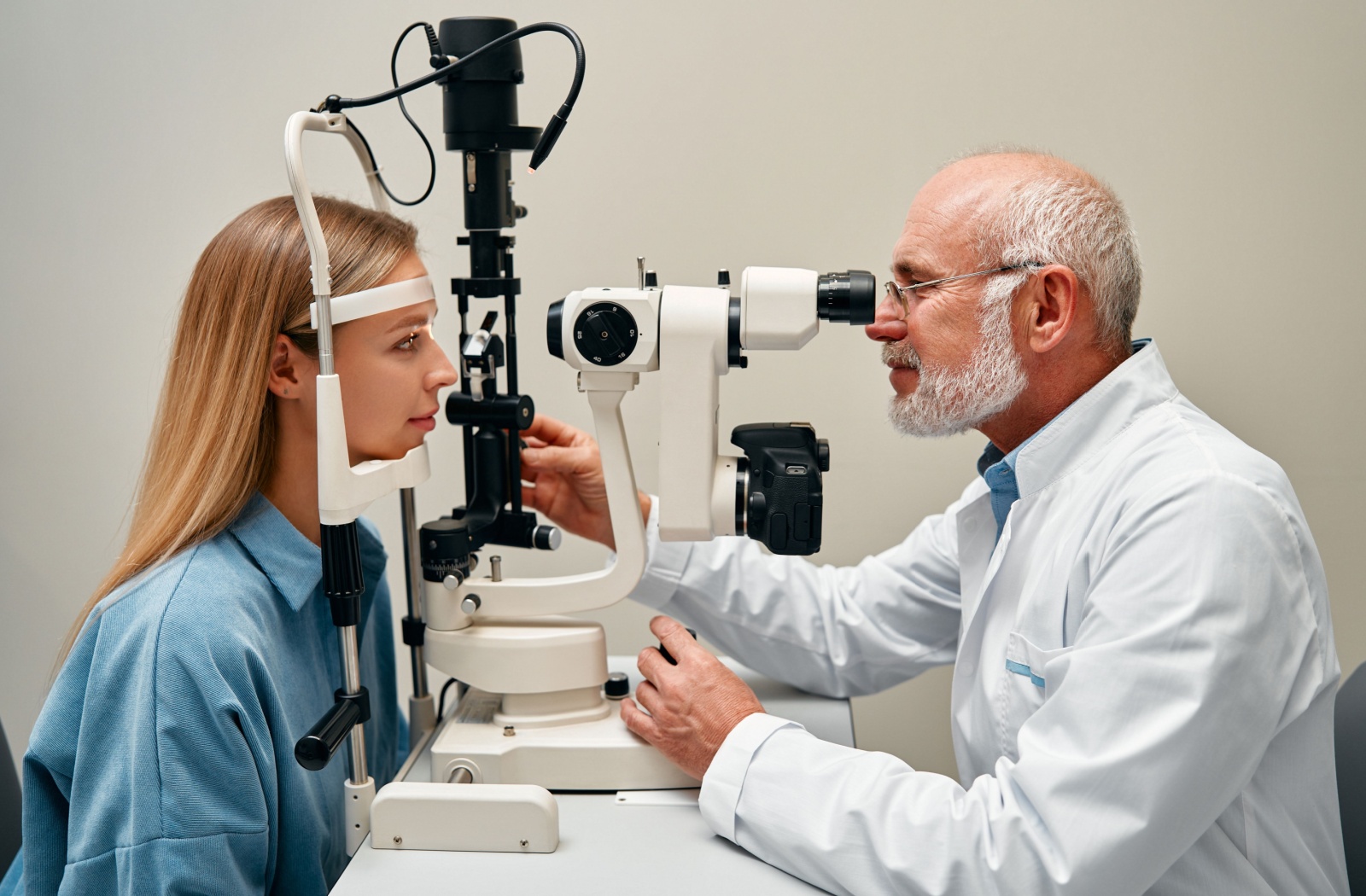 A young woman gets her eyes examined by her eye doctor.
