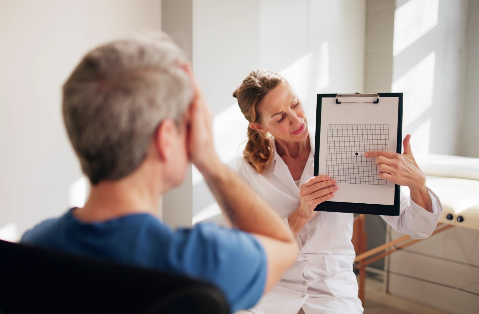 An optometrist directs a patient to use an Amsler Grid to detect changes in their central vision