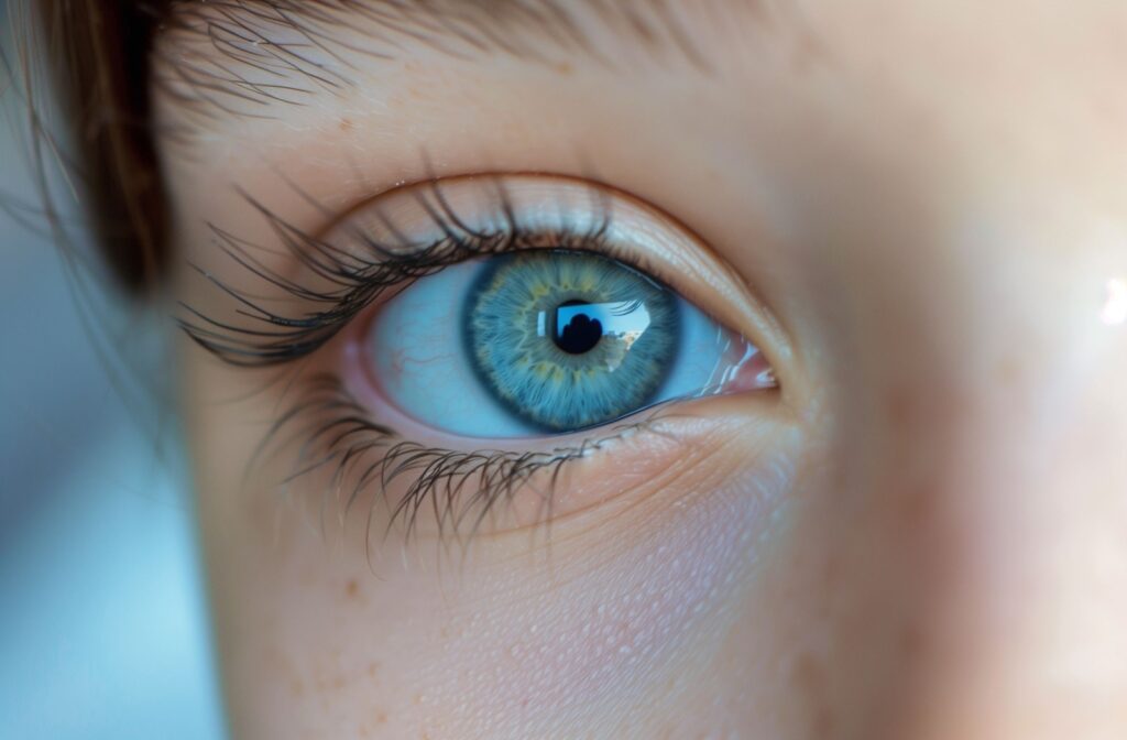 Close-up of a blue eye showing the iris and pupil.