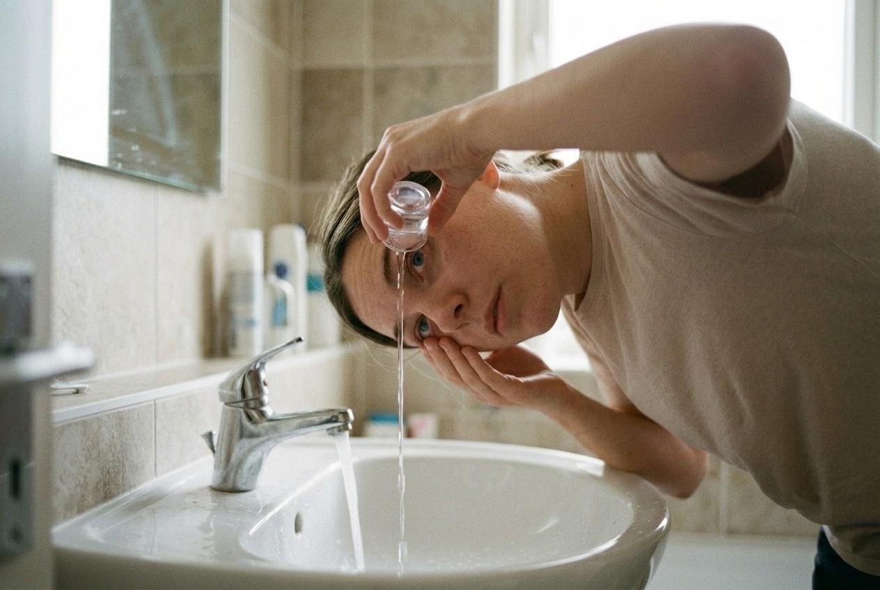 A person leaning over a bathroom sink, rinsing their eye with a small cup, water streaming down into the basin.