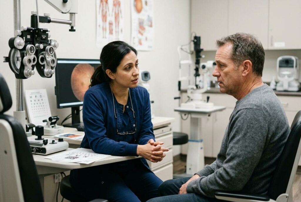 Optometrist talking with a middle-aged male patient in an eye exam room, with a phoropter and eye chart visible nearby.