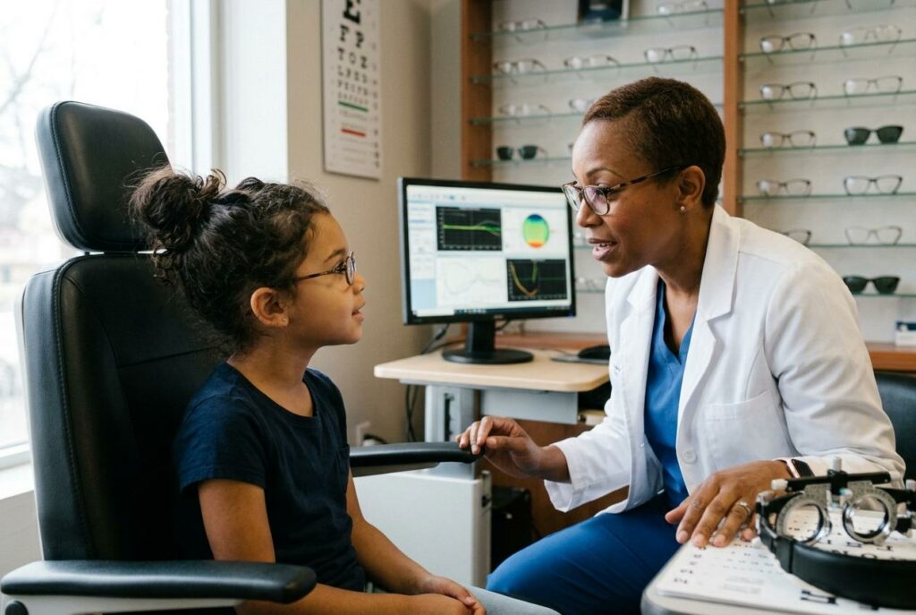 Optometrist talking with a young girl wearing glasses seated in an exam chair, with eye chart and eyeglass displays behind them.