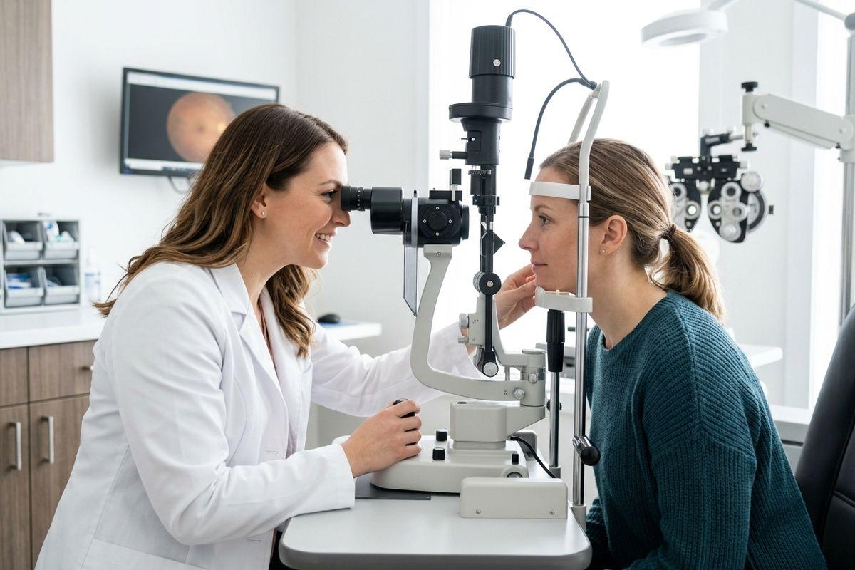 Optometrist examines a patient's eyes using a slit lamp during an eye exam in a clinic.