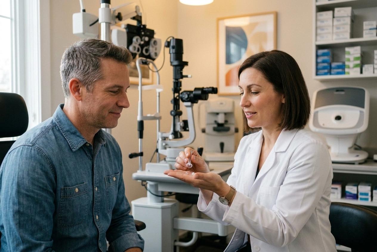 Optometrist showing a contact lens on their fingertip to a seated patient in an eye exam room.