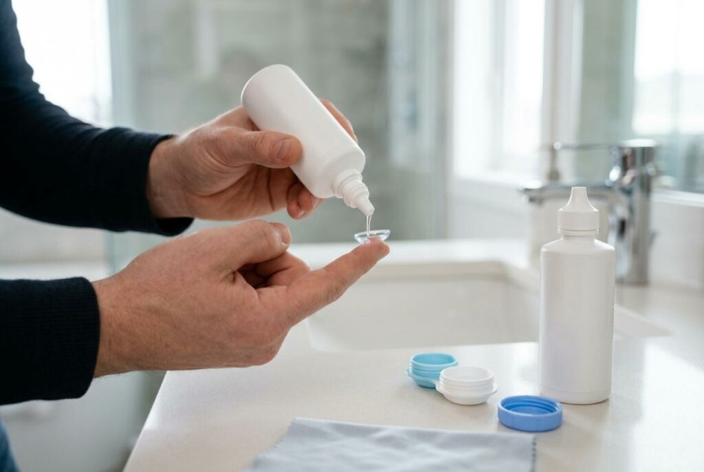 Person applying solution to a contact lens on their fingertip at a bathroom sink, with lens case and bottle nearby.