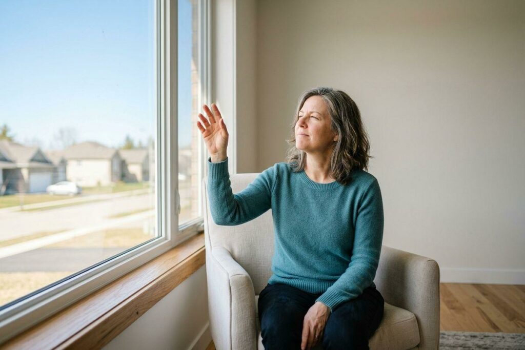 Person in blue sweater sits in armchair by a window, eyes closed, raising a hand toward the sunlight.