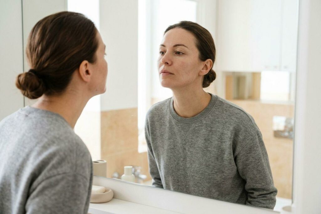 Adult in a grey sweatshirt with hair in a bun looking at their reflection in a bathroom mirror, face serious.