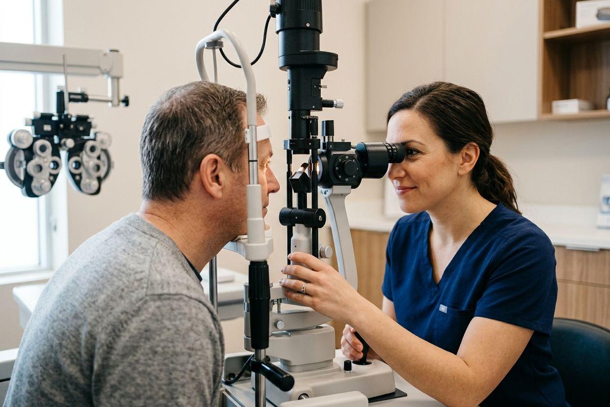 An optometrist examines a patient's eyes using a slit lamp during an eye exam in a clinic.