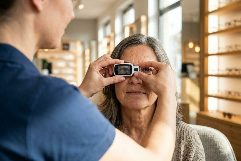 Optometrist holds a small handheld device to an older adult's eye during an exam, with eyeglass display shelves in the background.