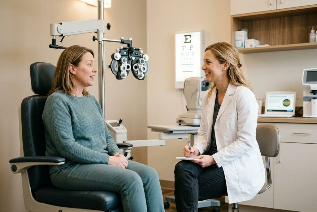 Optometrist taking notes and talking with a patient seated in an exam chair beside a phoropter and eye chart.