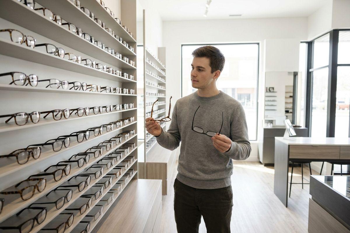 Person holding two pairs of eyeglasses while looking at wall shelves filled with frames in an optical store.
