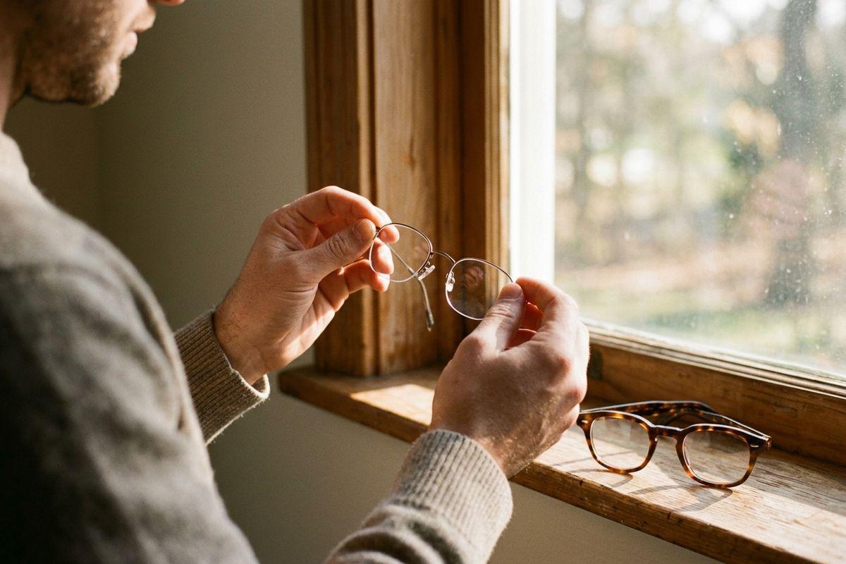 Person in a knit sweater holding thin metal-framed glasses up to the light at a window, with tortoiseshell glasses resting on the wooden sill.