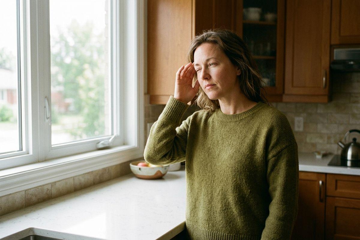 Adult in a green sweater stands in a kitchen, one hand raised to the forehead covering an eye, looking toward the window.
