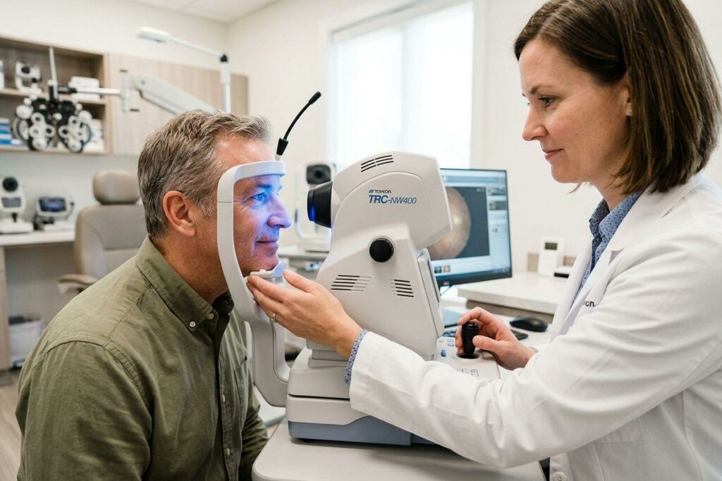 An optometrist operates a retinal camera while a patient rests their chin on the headrest in an eye exam room, with the retinal image on the monitor.