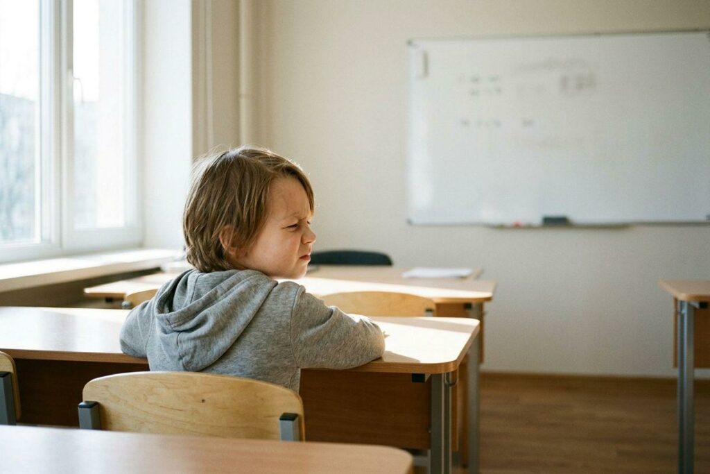 Child in a grey hoodie sits at a wooden desk in an empty classroom, looking toward the window past a whiteboard.