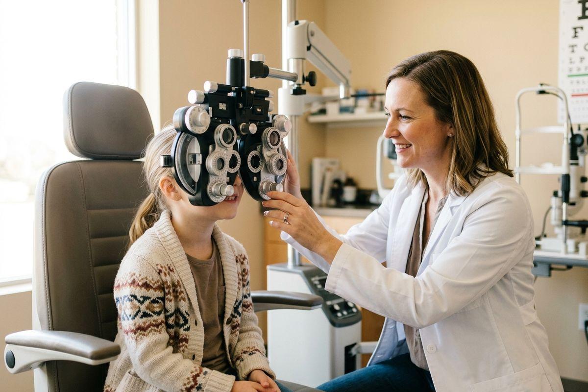 Optometrist smiling while giving a child an eye exam with a phoropter in an exam room.