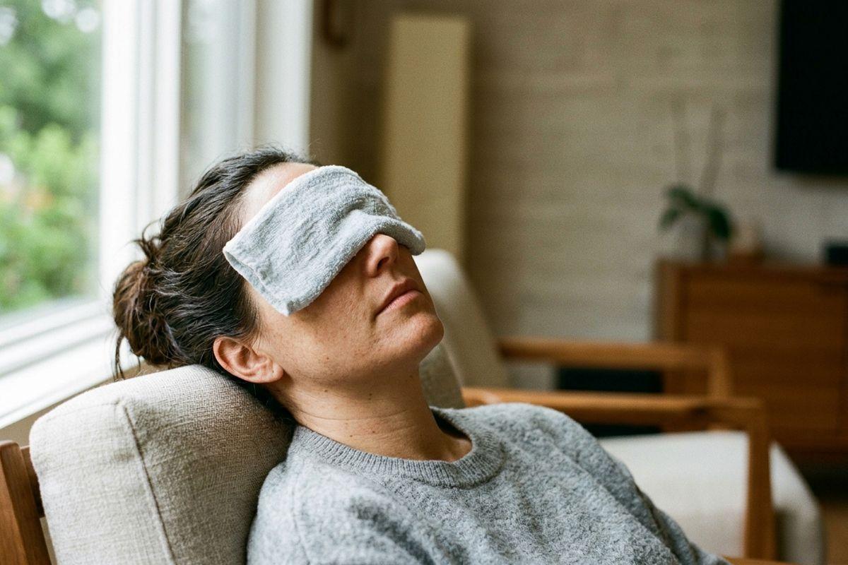 A person reclining in a chair with a folded towel over their eyes, resting near a window.