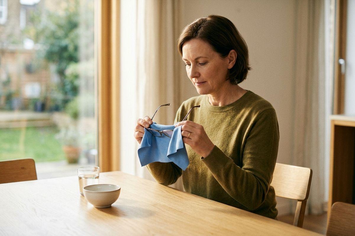 An adult sitting at a wooden dining table by a window, cleaning eyeglasses with a blue cloth, with a glass of water and a bowl nearby.