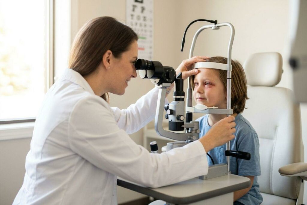 An optometrist examines a child's eyes using a slit lamp; an eye chart is on the wall behind.
