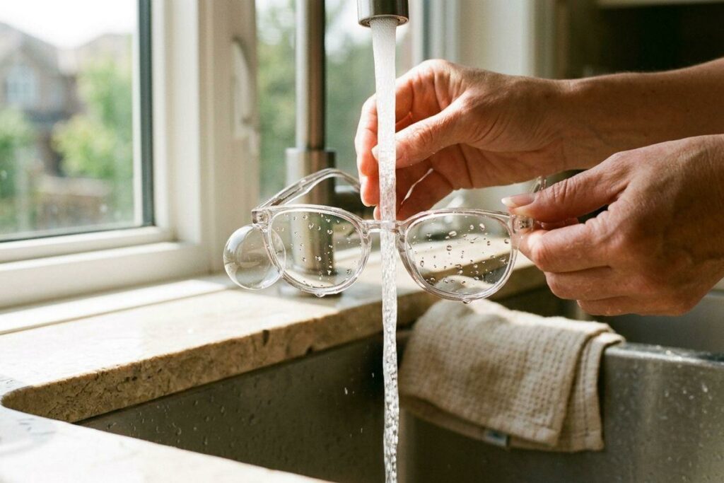 Hands rinsing clear-framed eyeglasses under running water at a kitchen sink, with a towel draped over the sink edge.